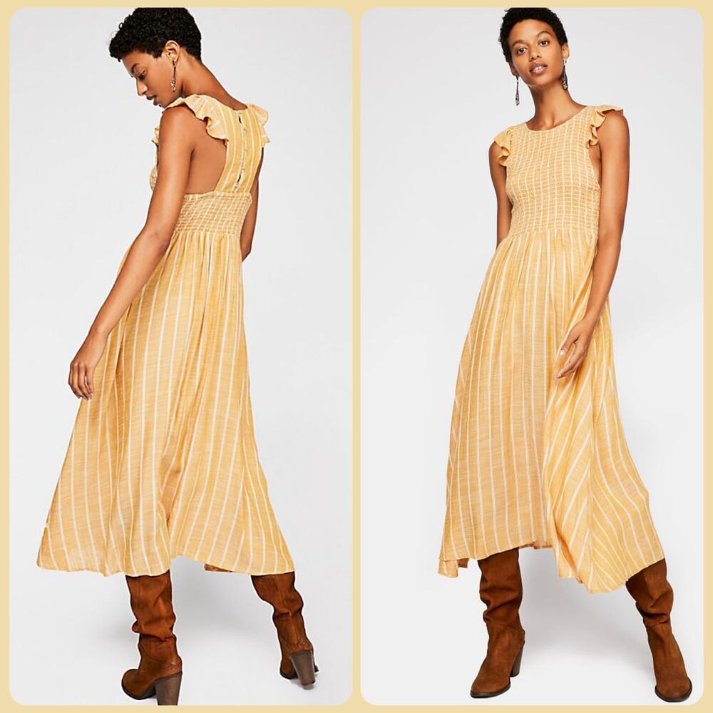 Free People Yellow Smocked Sleeveless Racerback Midi Dress‎ Women's Size XS